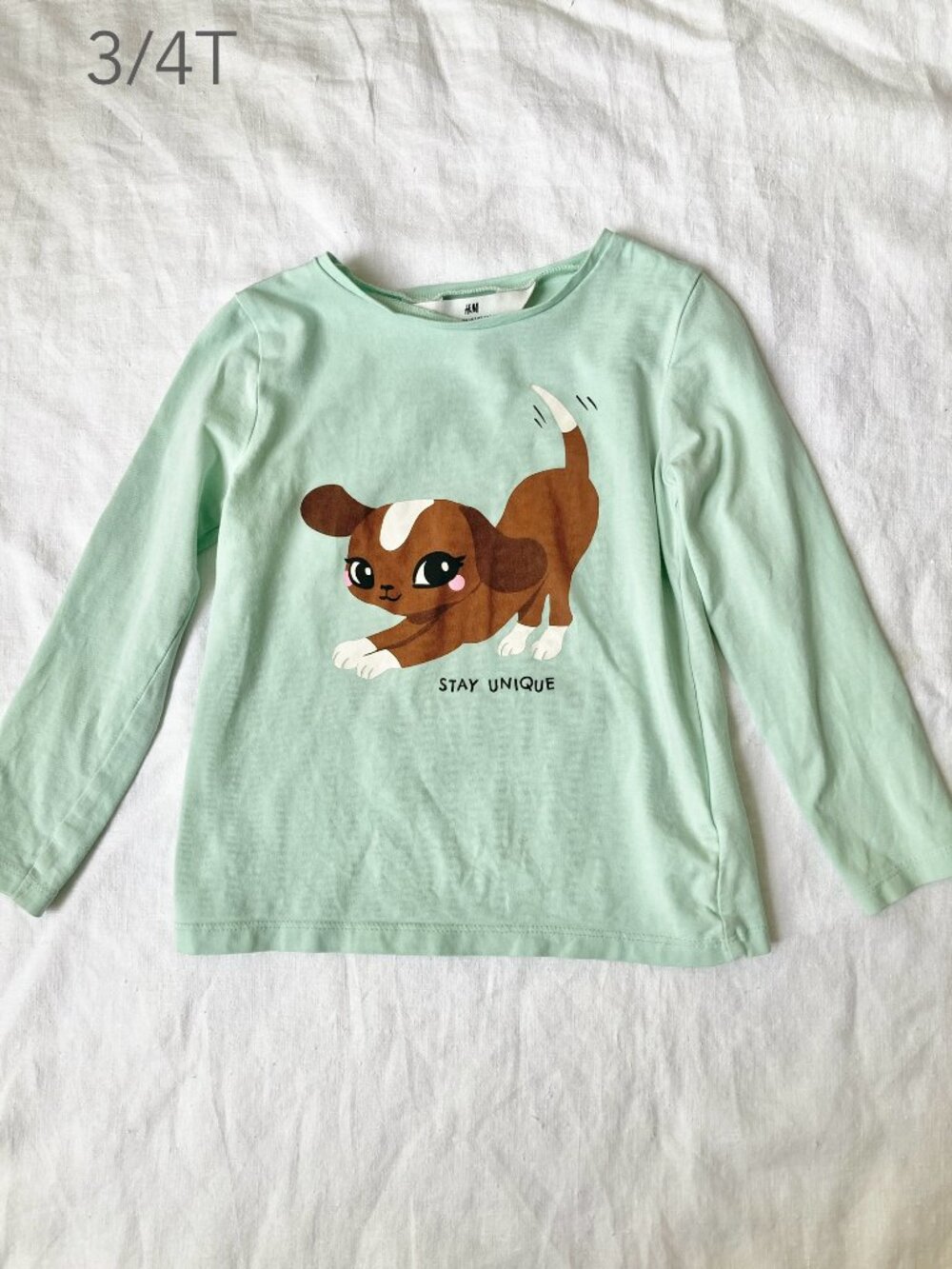 🪴5/$30 H&M 3/4T Toddler Dog Mint Green Long Sleeve Top Fall Casual